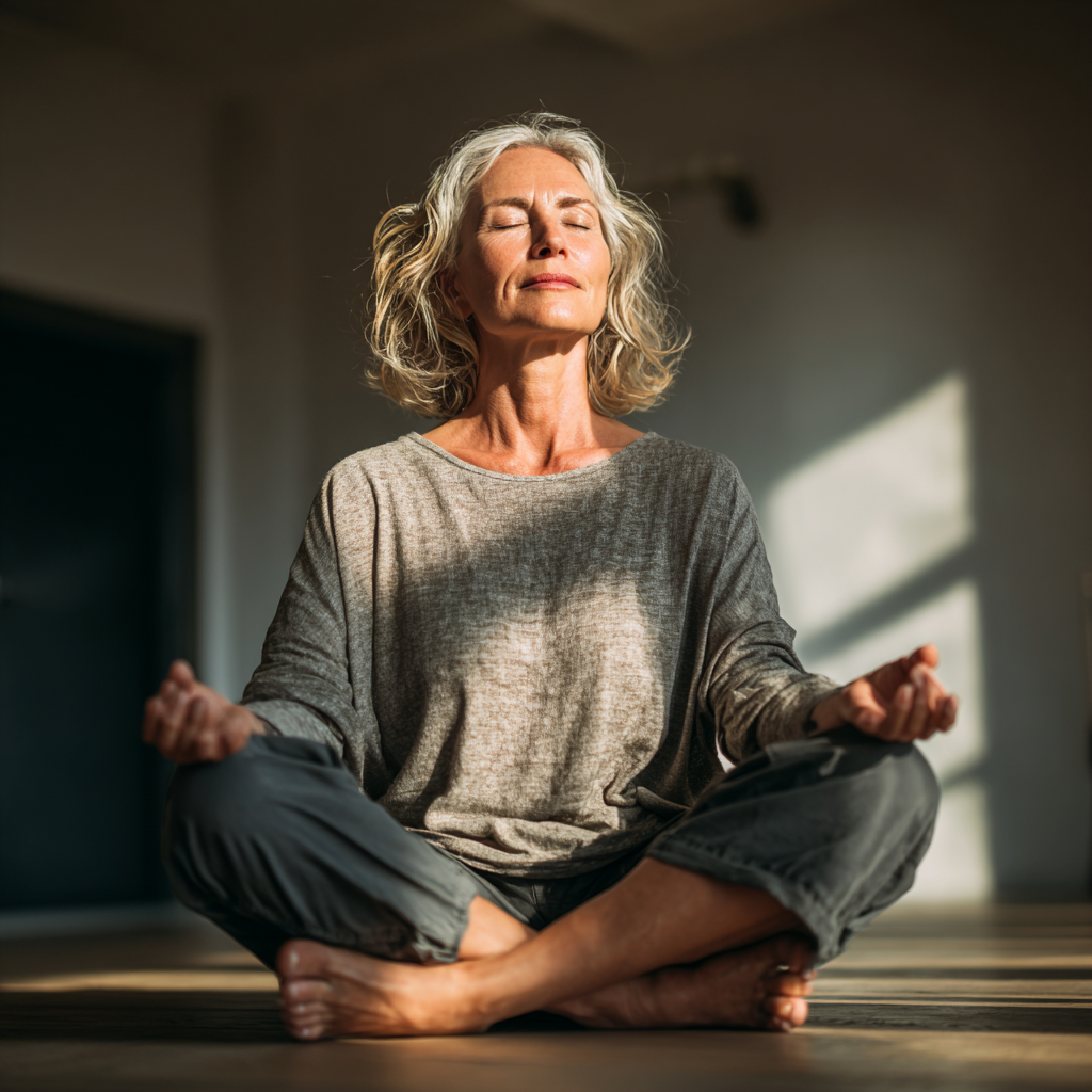 Middle-aged woman practicing gentle yoga poses in natural lighting, focusing on mindfulness and inner balance